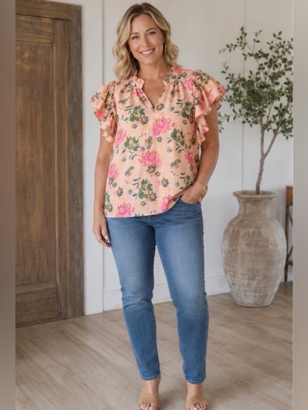 Entro Peach Floral Ruffle Sleeve Blouse